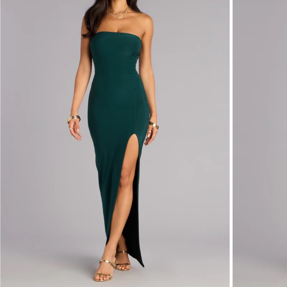 Strapless Forest Green Side-Slit Maxi Dress